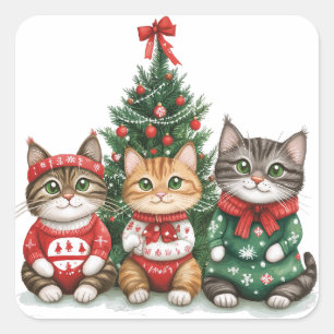 Sticker Carré Chats de Noël mignons