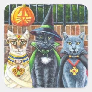 Sticker Carré Chats d'Halloween en costume Aquarelle Art Carré 
