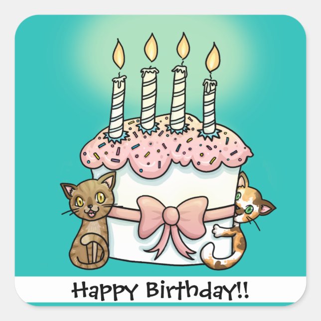Sticker Carré Chats et gâteaux Anniversaire (Devant)