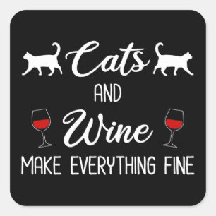 Sticker Carré Chats et vin rendent tout fin