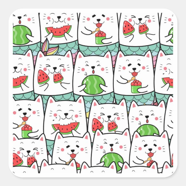 Sticker Carré Chats mangeant de la pastèque (Devant)