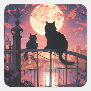 Sticker Carré Chats noirs et Pleine lune