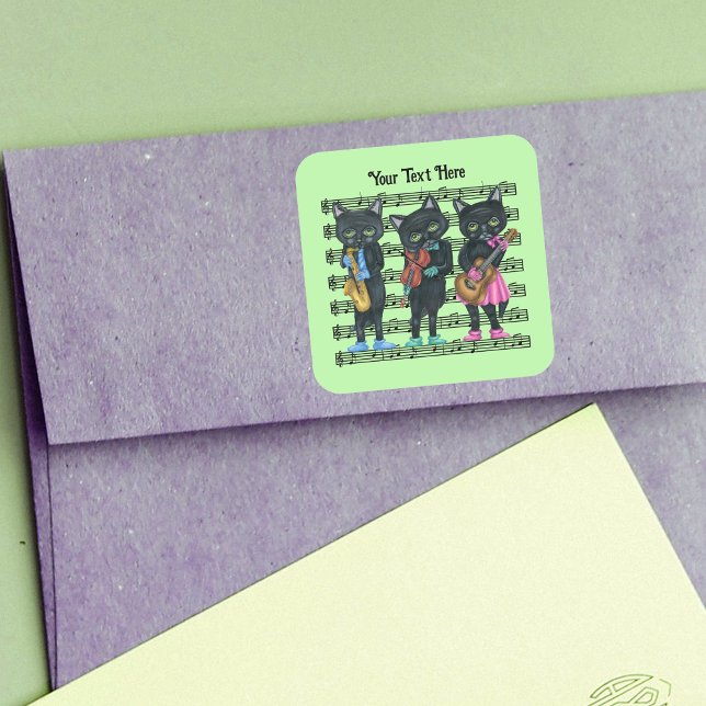 Sticker Carré Chats noirs musiciens sur la feuille d'instruments (Musical black cats playing instruments on sheet of black music notes on green sticker.)