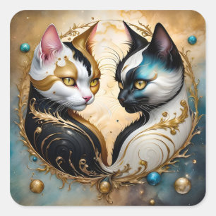 Sticker Carré Chats Yin-Yang aux éléments cosmiques magiques