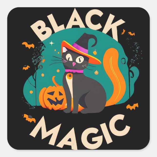 Sticker Carré Chatte sorcière magique noire, Halloween thème des (Devant)