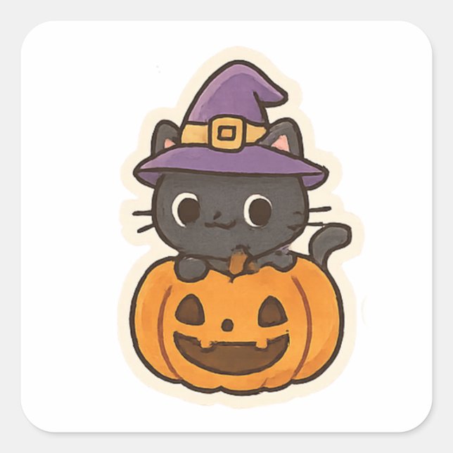 Sticker Carré Chatte sorcière mignonne dans citrouilleKawaii Hal (Devant)