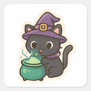 Sticker Carré Chatte Sorcière Mignonne Préparant une Potion – Ka