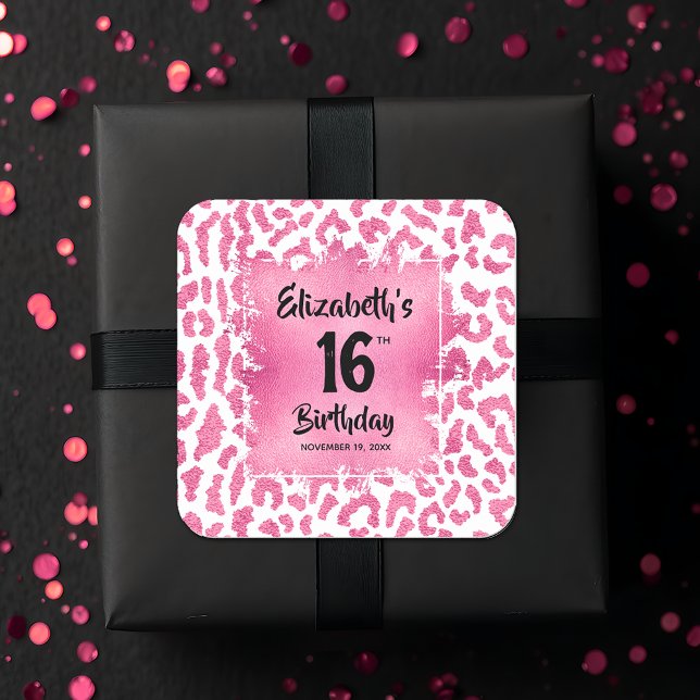 Sticker Carré Chaud Pink Leopard Sweet 16 Anniversaire (Hot pink and white leopard print Sweet 16 birthday square favor stickers)