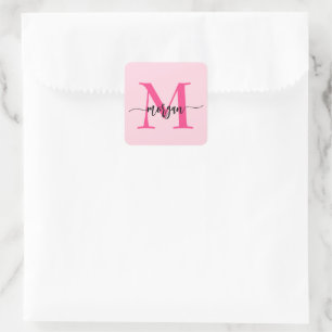 Sticker Carré Chaud rose moderne Script Girl Monogramme Nom