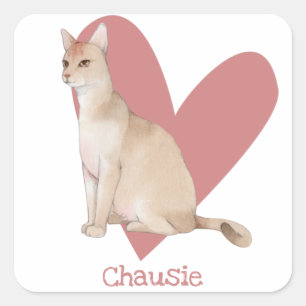 Sticker Carré Chausie Chat Aquarelle Kitty Coeur rose
