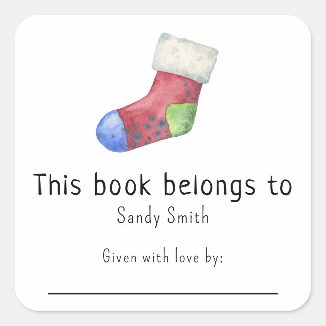 Sticker Carré Chaussette de Noël - Ce livre appartient avec mess (Devant)