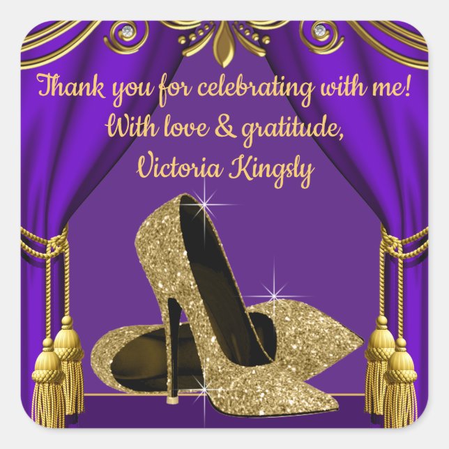 Sticker Carré Chaussure d'or violet Anniversaire Fête Favoriser  (Devant)