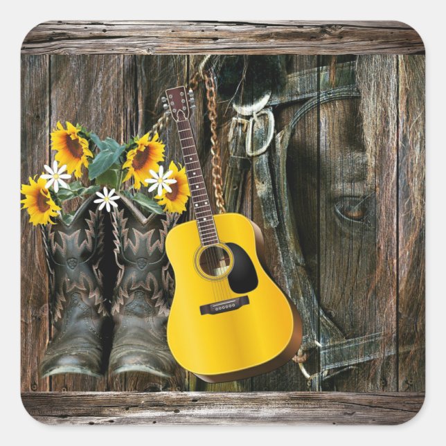Sticker Carré Chaussures de cowboy du cheval occidental Guitare  (Devant)