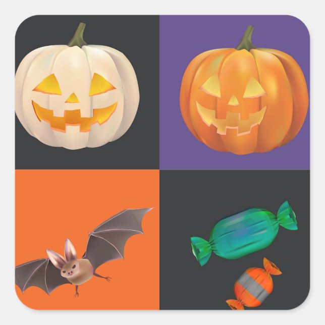 Sticker Carré Chauves-souris d'Halloween, Citrouilles, Bonbons (Devant)