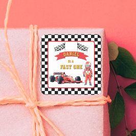 Sticker Carré Checkered Flag Race Car Fast One Birthday