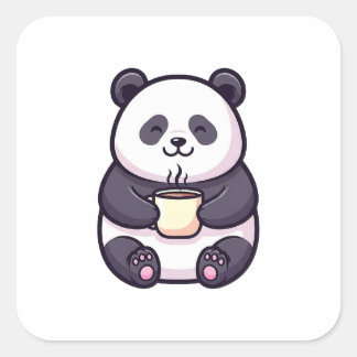 Sticker Carré Cheerful Panda with Tea – Cute Whimsical Illustrat