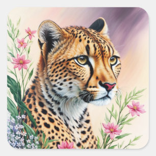 Sticker Carré Cheetah Floral Peinture Feline Art