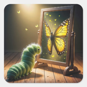 Sticker Carré Chenille regardant un papillon dans un miroir