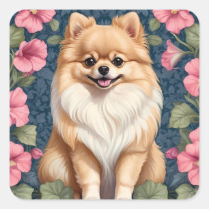 Sticker Carré Cher Chien Poméranien Avec Pétunias Rose