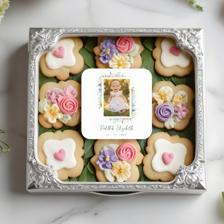 Sticker Carré Cherish Cute Floral Frame Christening Photo 