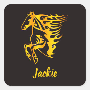 Sticker Carré Cheval à flamme dorée avec nom personnalisé