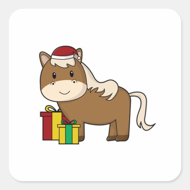 Sticker Carré Cheval avec chapeau et cadeaux de Père Noël (Devant)
