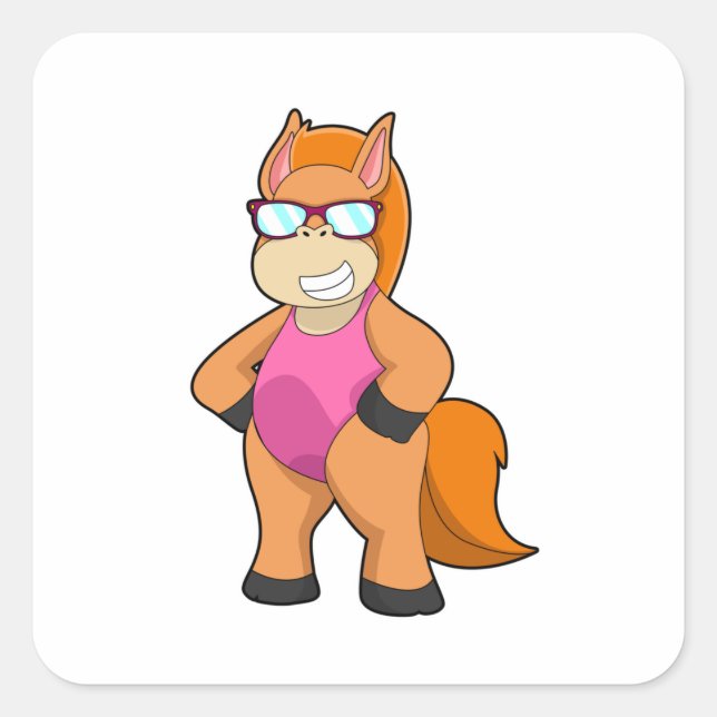Sticker Carré Cheval avec lunettes de soleil (Devant)
