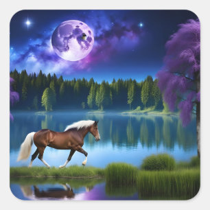 Sticker Carré Cheval belge Palomino sous ciel étoilé violet