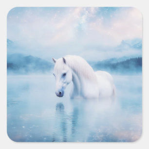 Sticker Carré Cheval Blanc de Rêve Sous le Ciel Cosmique