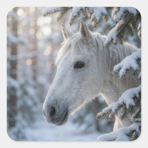 Sticker Carré Cheval Blanc d'Hiver dans un Pin enneigé