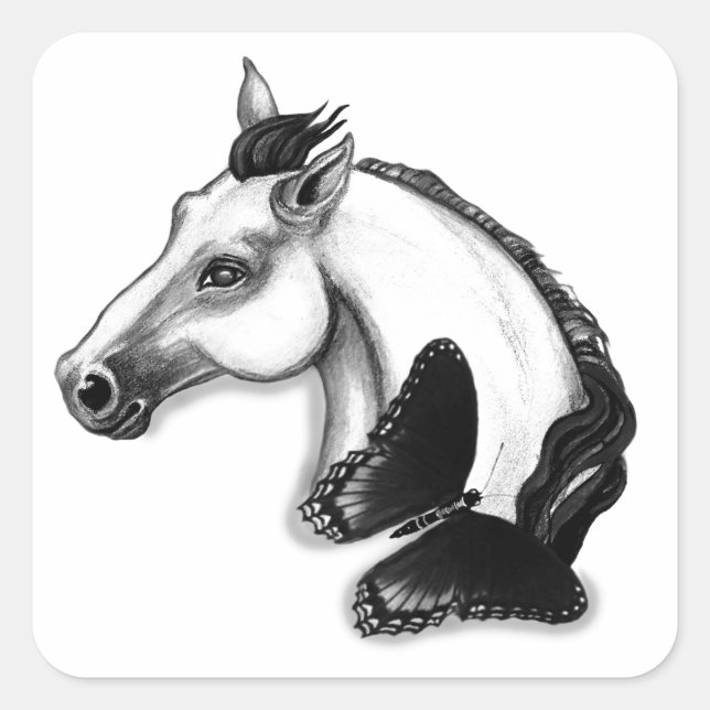 Sticker Carré Cheval blanc et design papillon (Devant)