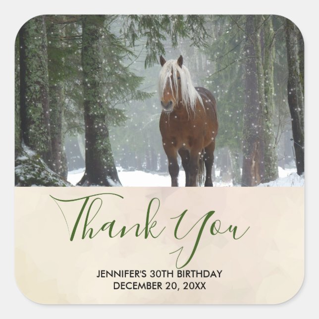 Sticker Carré Cheval Brown dans un Merci forestier d'hiver (Devant)