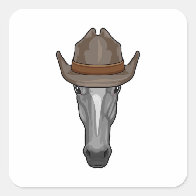 Sticker Carré Cheval comme Cowboy avec Casquette (Devant)