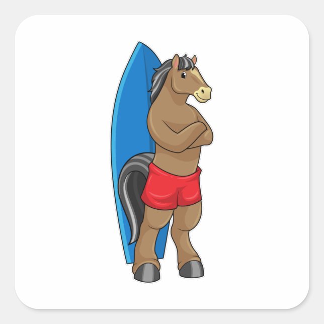 Sticker Carré Cheval comme Surfer avec Surfboard (Devant)
