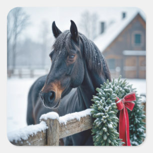 Sticker Carré Cheval d'hiver avec couronne de Noël