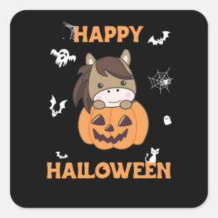 Sticker Carré Cheval En Chevaux Doux Citrouille Joyeux Halloween