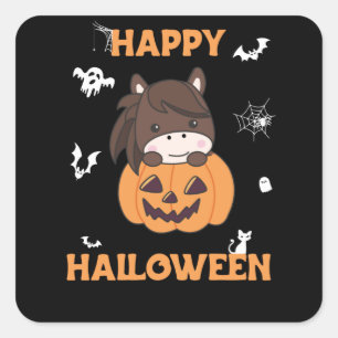 Sticker Carré Cheval En Chevaux Doux Citrouille Joyeux Halloween