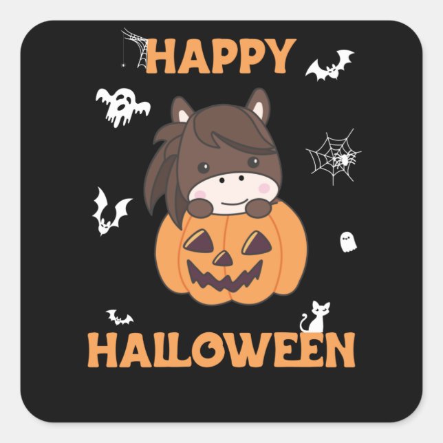 Sticker Carré Cheval En Chevaux Doux Citrouille Joyeux Halloween (Devant)