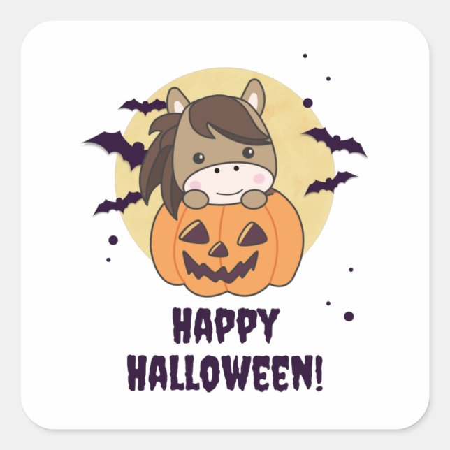 Sticker Carré Cheval En Chevaux Doux Citrouille Joyeux Halloween (Devant)