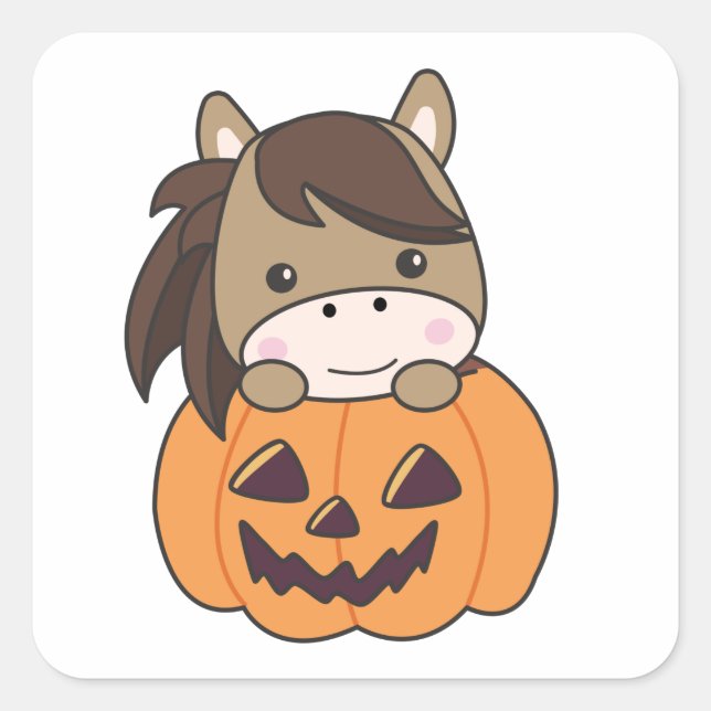 Sticker Carré Cheval En Chevaux Doux Citrouille Joyeux Halloween (Devant)