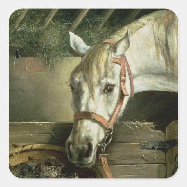 Sticker Carré Cheval et chatons, 1890 (Devant)