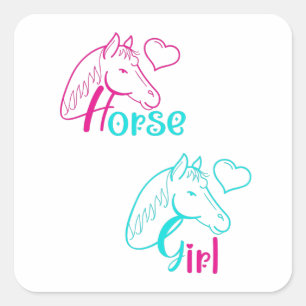 Sticker Carré Cheval Girl en rose et turquoise
