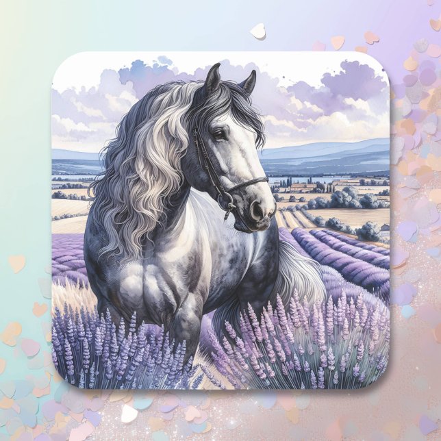 Sticker Carré Cheval gris joli debout en Lavender (Créateur téléchargé)