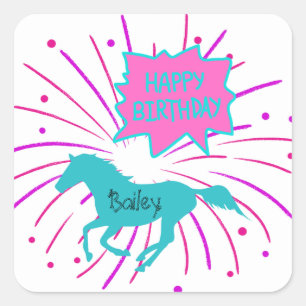 Sticker Carré Cheval Joyeux Anniversaire rose violet Turquoise