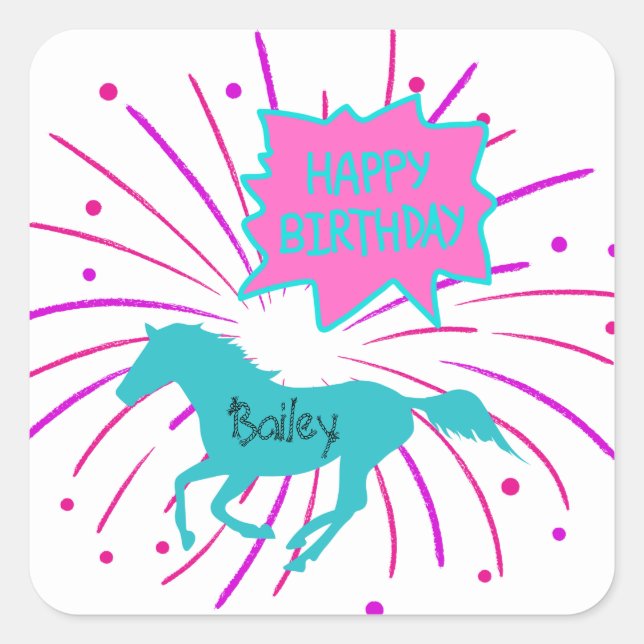 Sticker Carré Cheval Joyeux Anniversaire rose violet Turquoise (Devant)