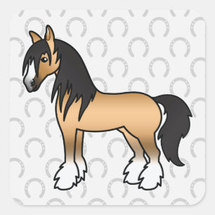 Sticker Carré Cheval Shire Gypsy Vanner de dessin animé Buckskin