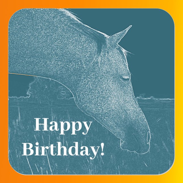Sticker Carré Cheval Tête Turquoise Joyeux anniversaire (Front with Background)