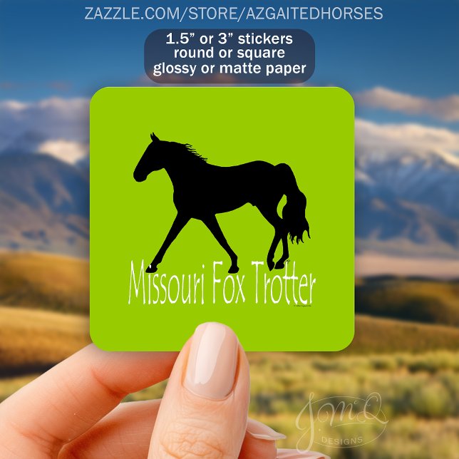 Sticker Carré Cheval Trotter Missouri Fox Silhouette Vert brilla (Missouri Fox Trotter Horse Silhouette Bright Green Sticker)