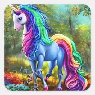 Sticker Carré Cheval Unicorne coloré dans la forêt-46567