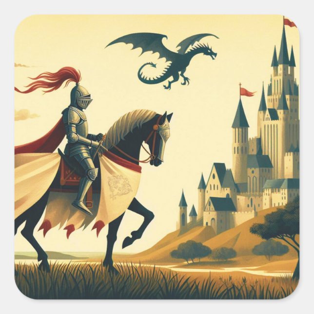 Sticker Carré Chevalier médiéval/dragon/château fantastique (Devant)